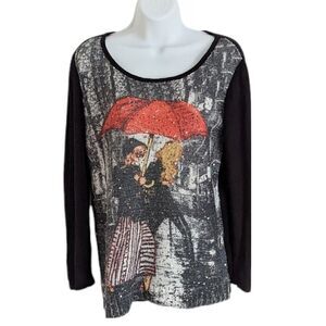 Tricotto black knit sweater with sequin decorations umbrella print Small @O